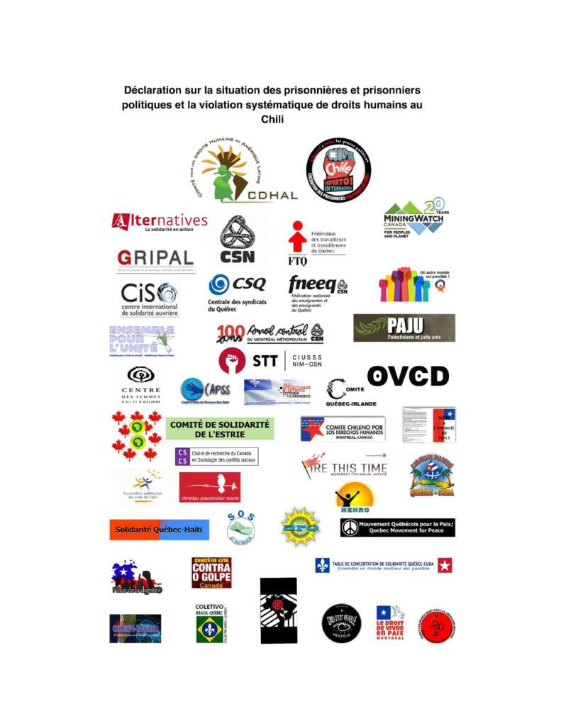 Chile : Organizaciones, grupos y colectivos de Quebec y Canadá lanzan declaración para exigir la liberación de las prisioneras y prisioneros políticos